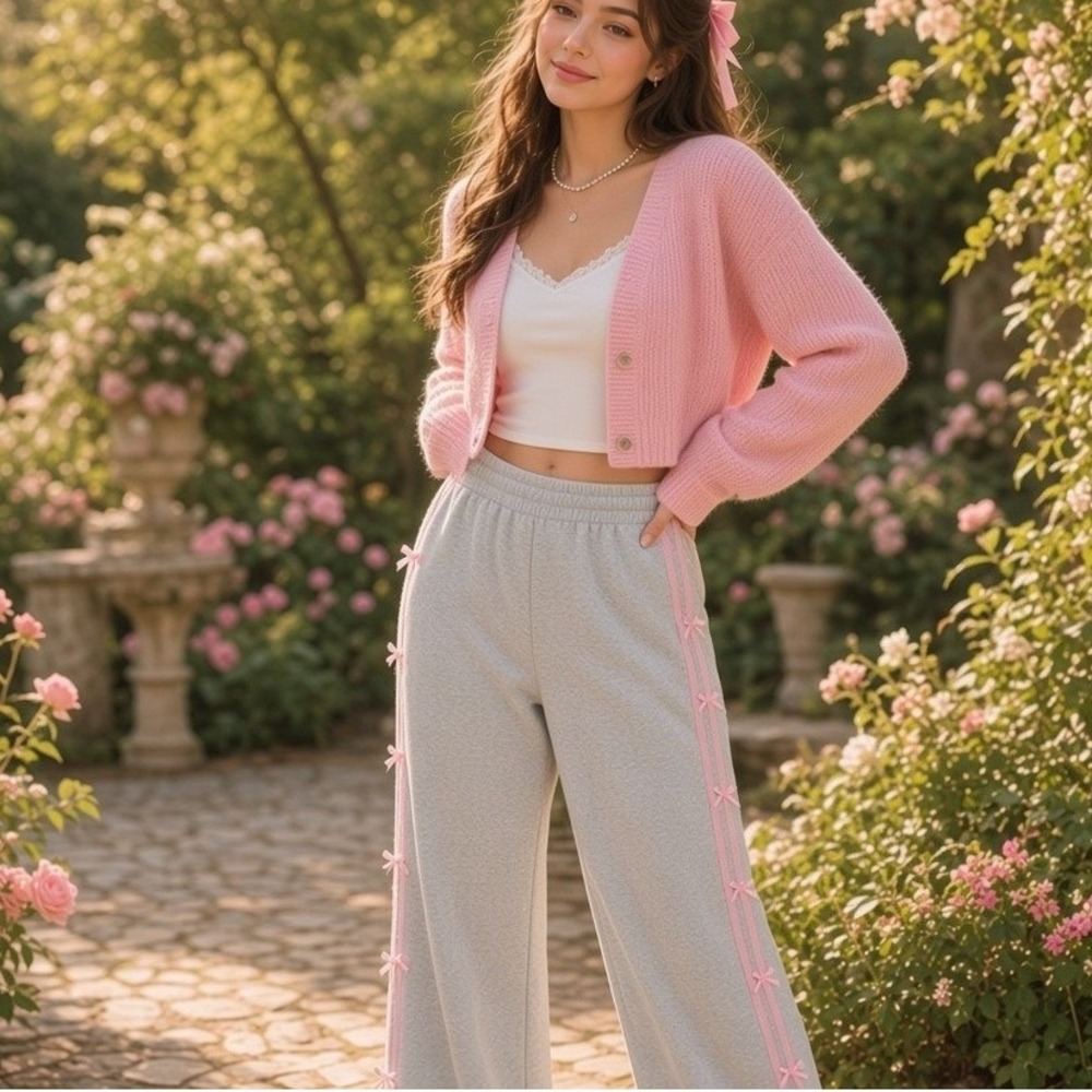 Lazy Sunday Sweatpants Women's L Gray Pink Bow Side Stripes Coquette Soft Girl